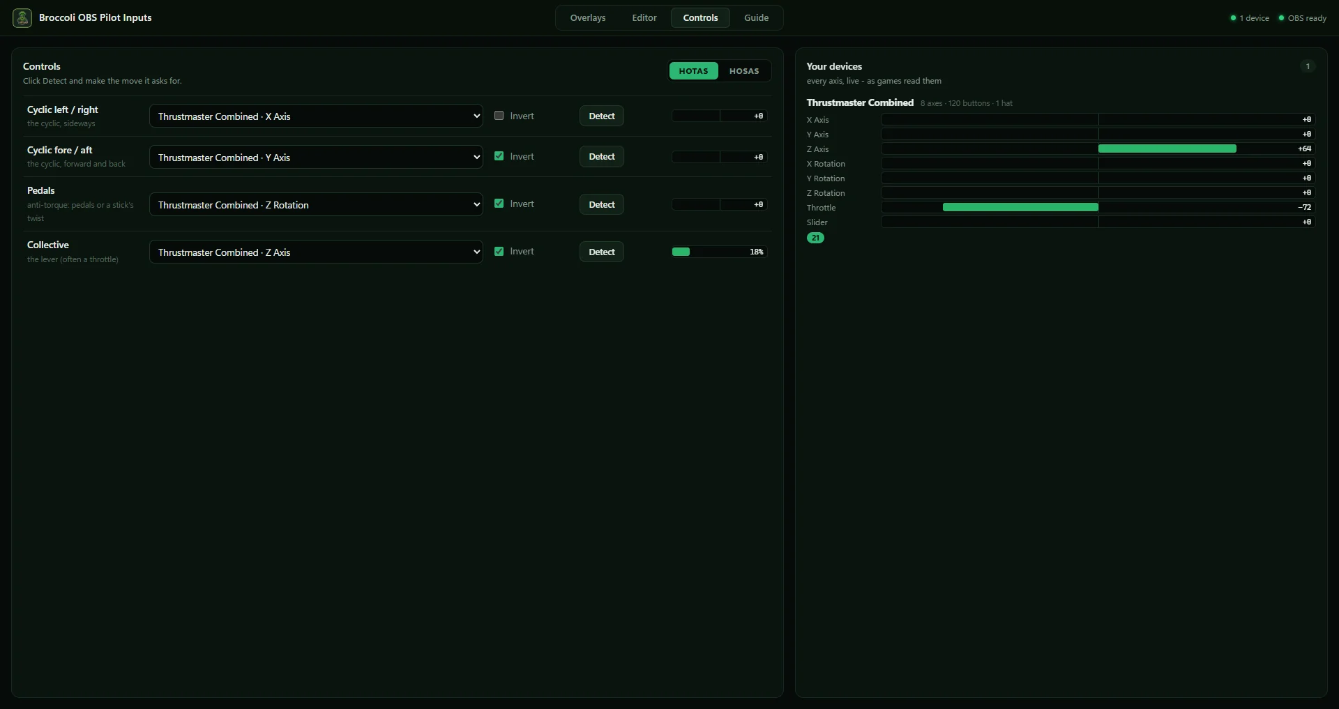The Controls page with a Thrustmaster device