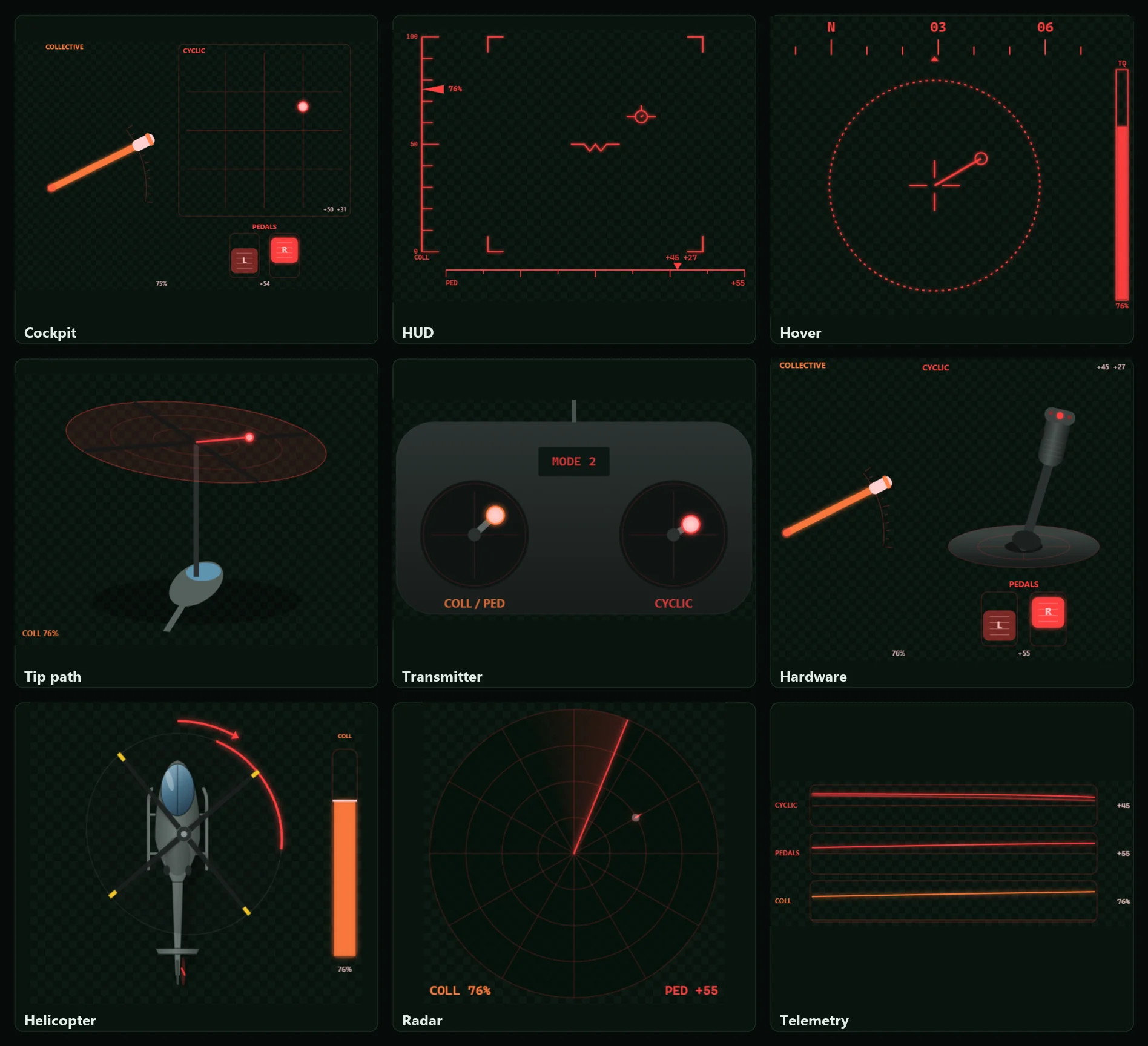Nine overlays: Cockpit, HUD, Hover, Tip path, Transmitter, Hardware, Helicopter, Radar, Telemetry